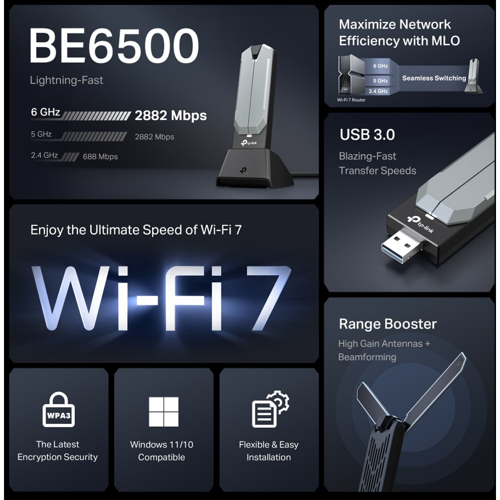Adaptor USB Wireless TP-LINK Archer TBE400UH BE6500, Wi-Fi 7, Tri-Band 688 + 2882 + 2882 Mbps, gri
