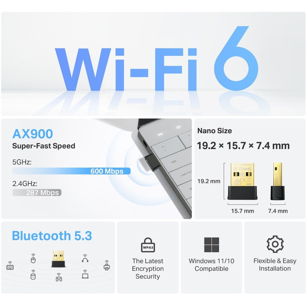 Adaptor nano USB Wireless TP-LINK Archer TX10UB Nano AX900, Dual-Band 287 + 600 Mbps, negru