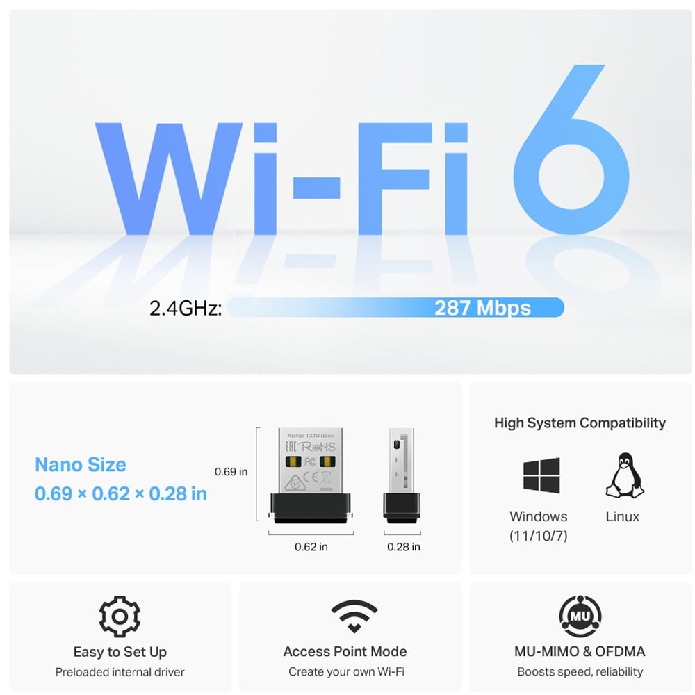 Adaptor nano USB Wireless TP-LINK Archer TX1U Nano AX3000, 287 Mbps, negru