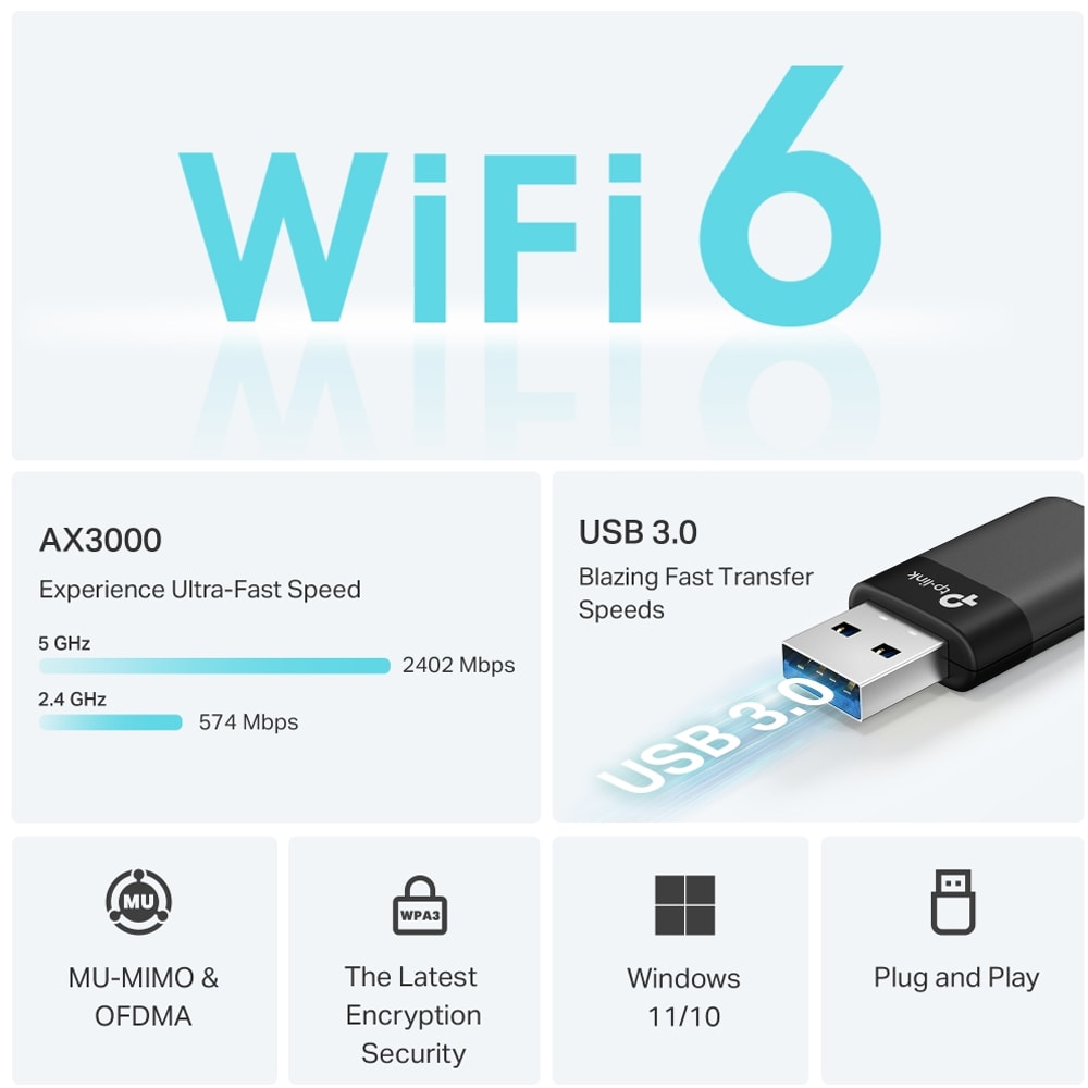 Adaptor USB Wireless TP-LINK Archer TX50U AX3000, Dual-Band 574 + 2402 Mbps, negru