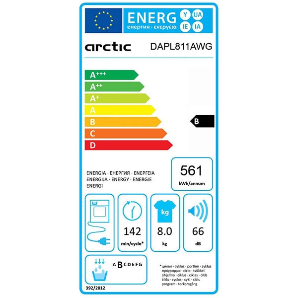 Uscator de rufe ARCTIC DAPL811AWG, Condensare, 8 kg, 15 programe, Clasa B, alb