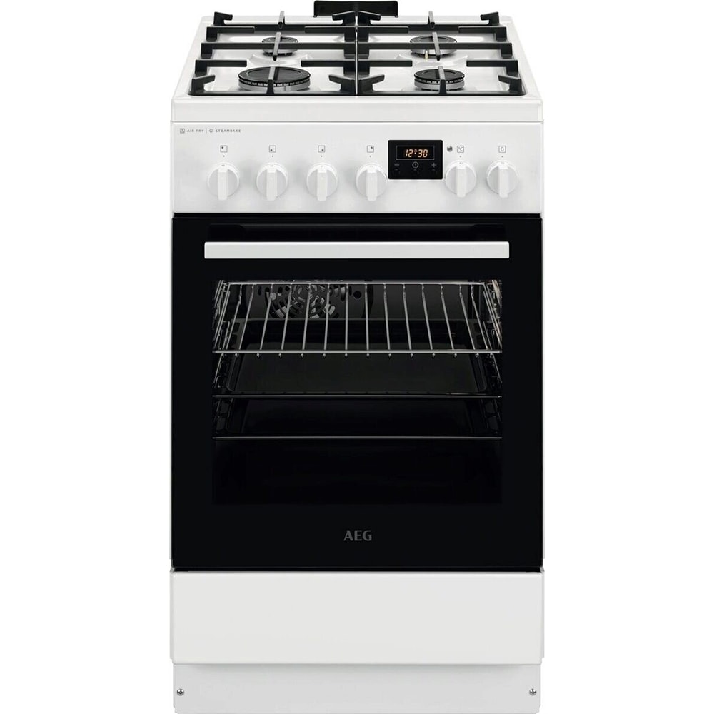 Aragaz AEG CKB56490BW, SteamBake, 4 arzatoare, Gaz + Electric, L 50 cm, Grill, alb