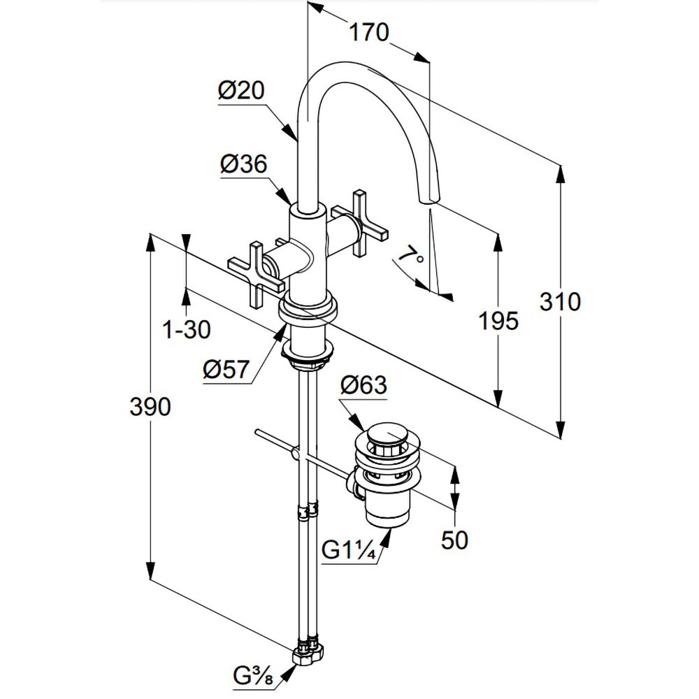 Baterie lavoar KLUDI Nova Fonte classic 201180520, alama sanitara, argintiu
