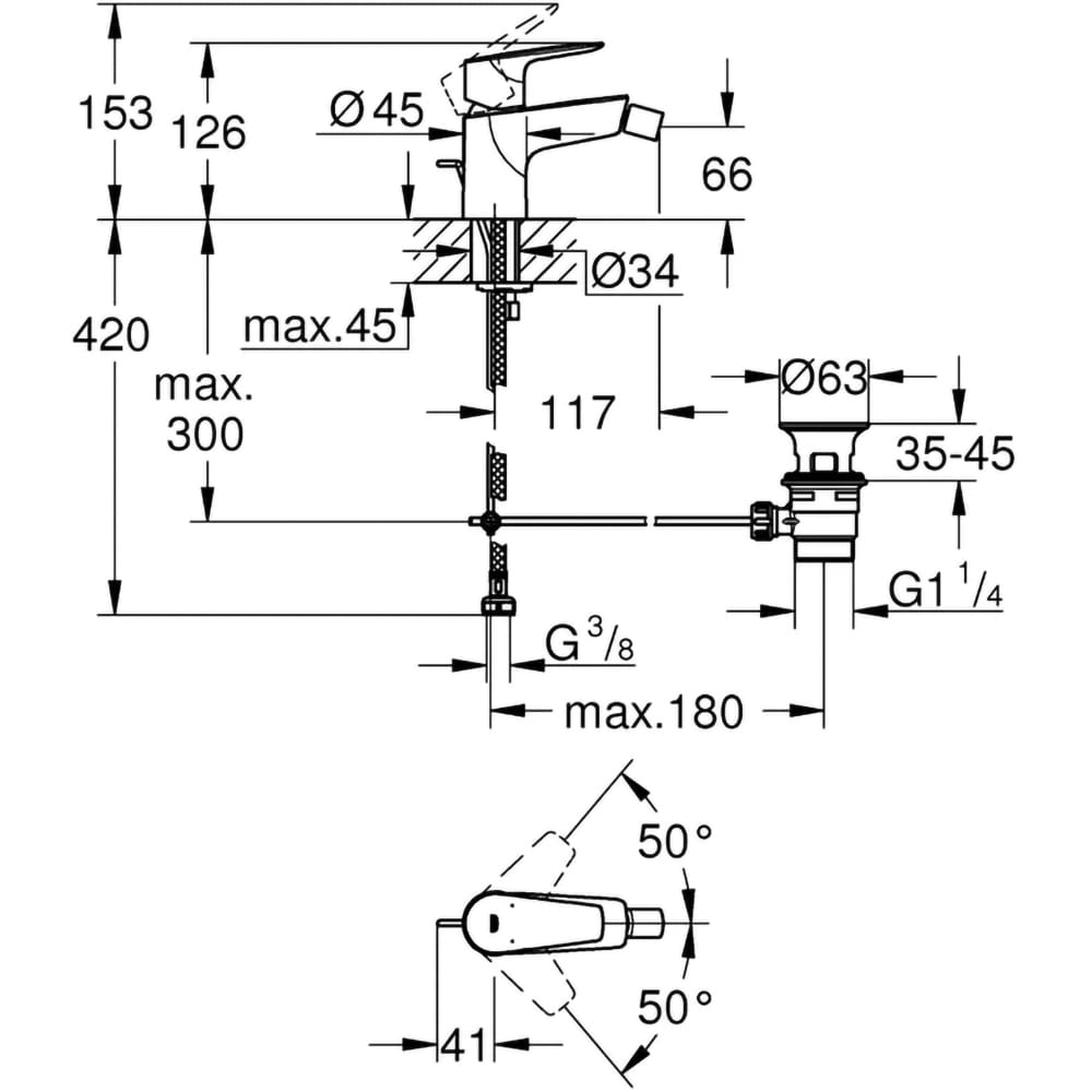 Baterie bideu GROHE Start Edge 23345001, marimea S, alama, argintiu