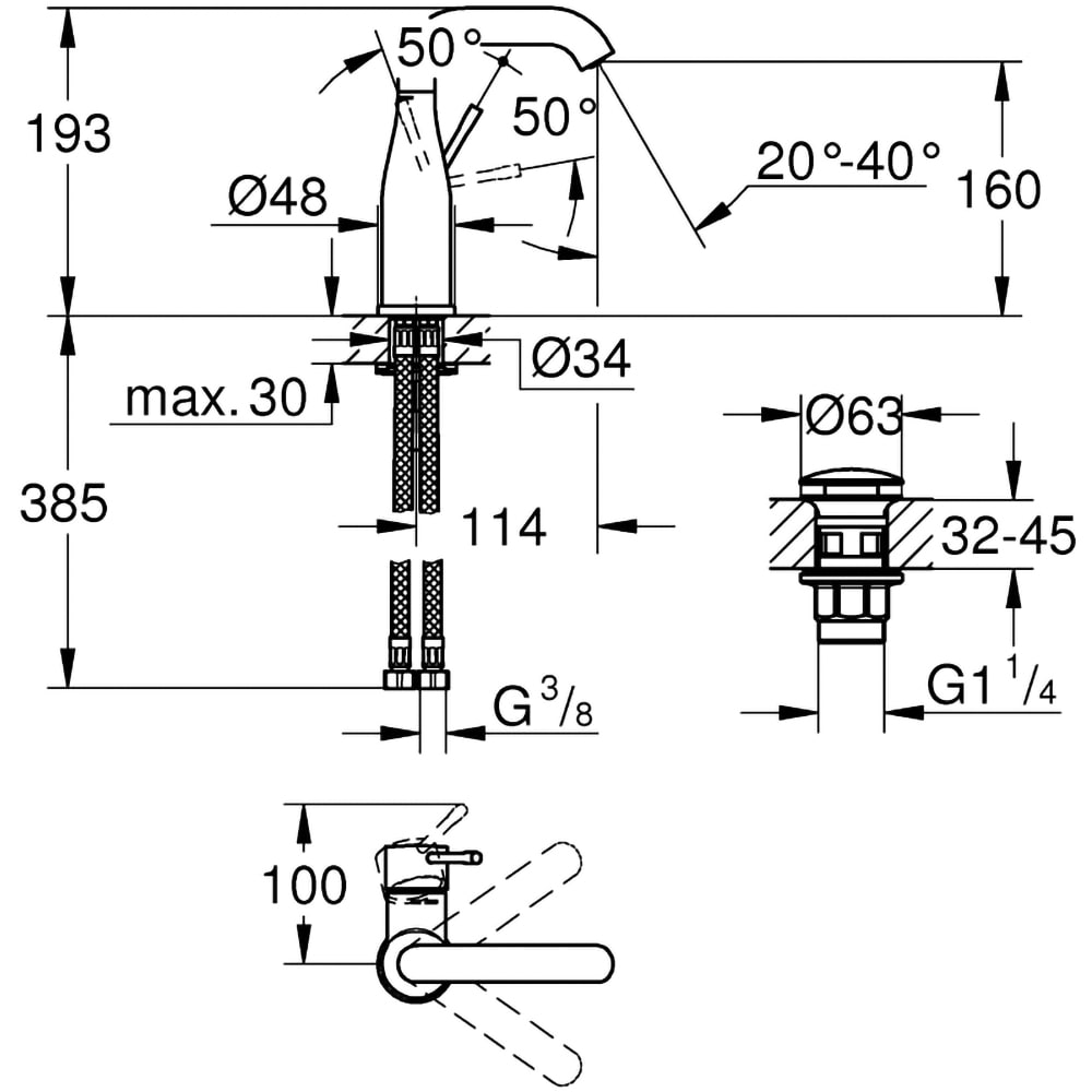 Baterie lavoar GROHE Essence 23798001, marimea M, alama, argintiu