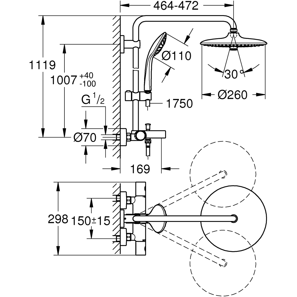 Sistem dus GROHE Euphoria 260 26114002, termostat, 3 functii, crom