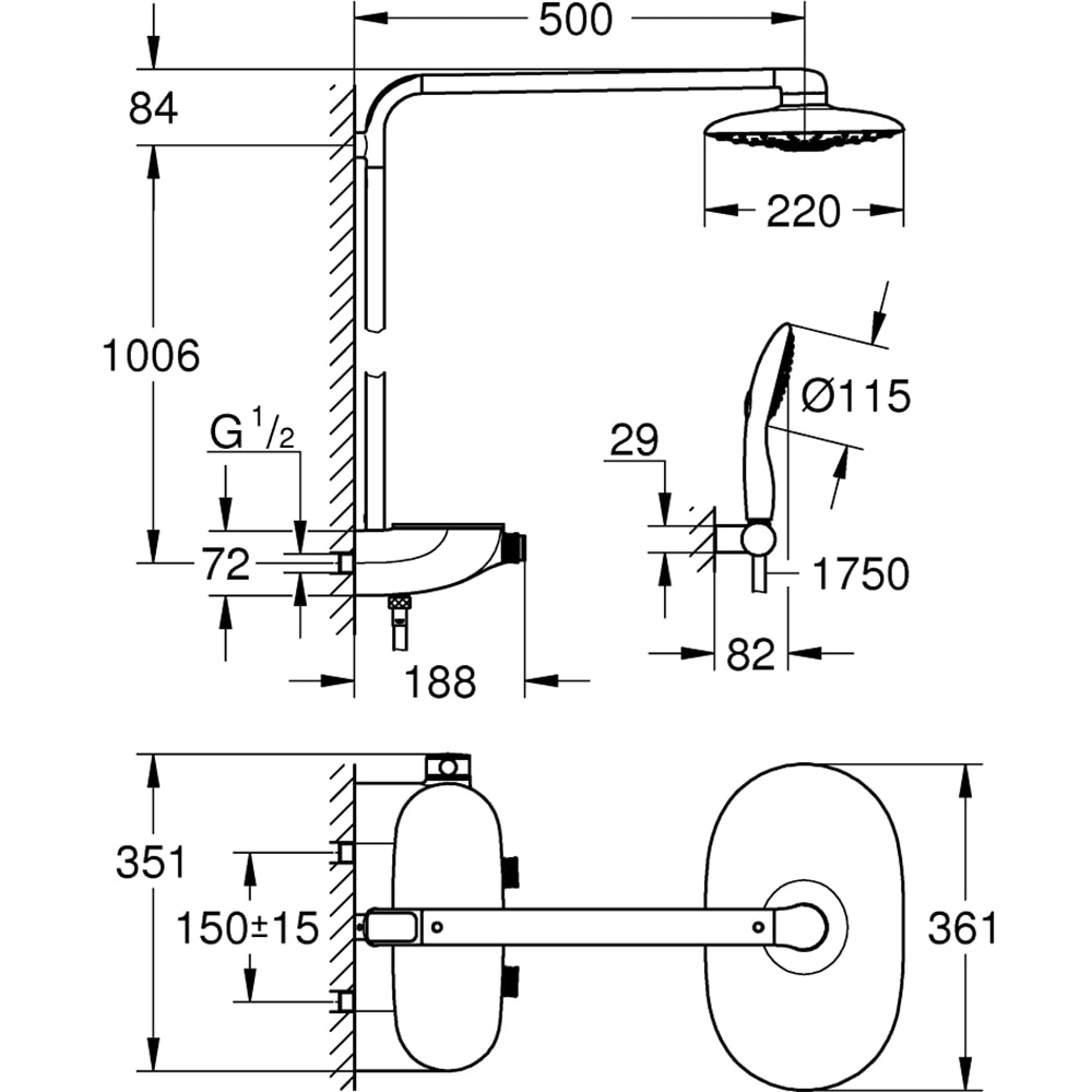 Sistem dus GROHE RainShower Smartcontrol 360 Duo 26250LS0, termostat, 3 functii, crom-alb