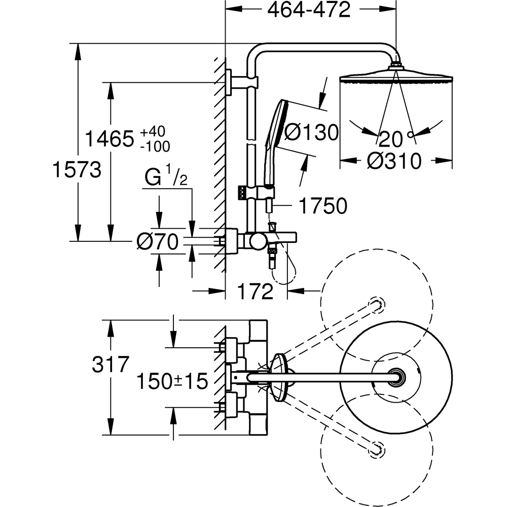 Sistem dus GROHE Rainshower SmartActive 310 26657000, termostat, 3 functii, crom