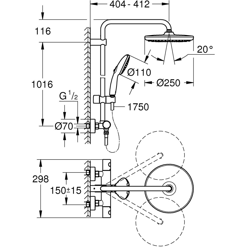 Sistem dus GROHE Tempesta 250 266702431, 1 functie, negru