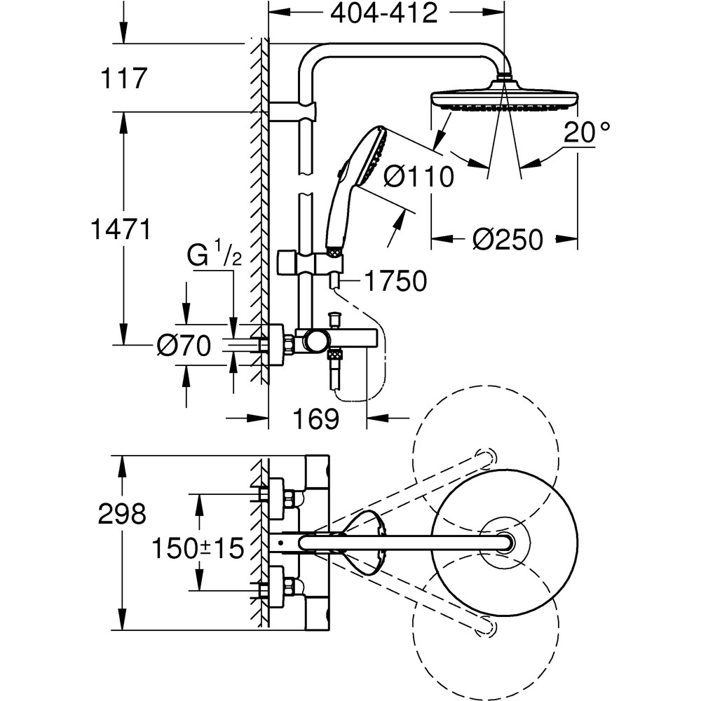Sistem dus GROHE Tempesta 250 26672001, termostat, 1 functie, crom