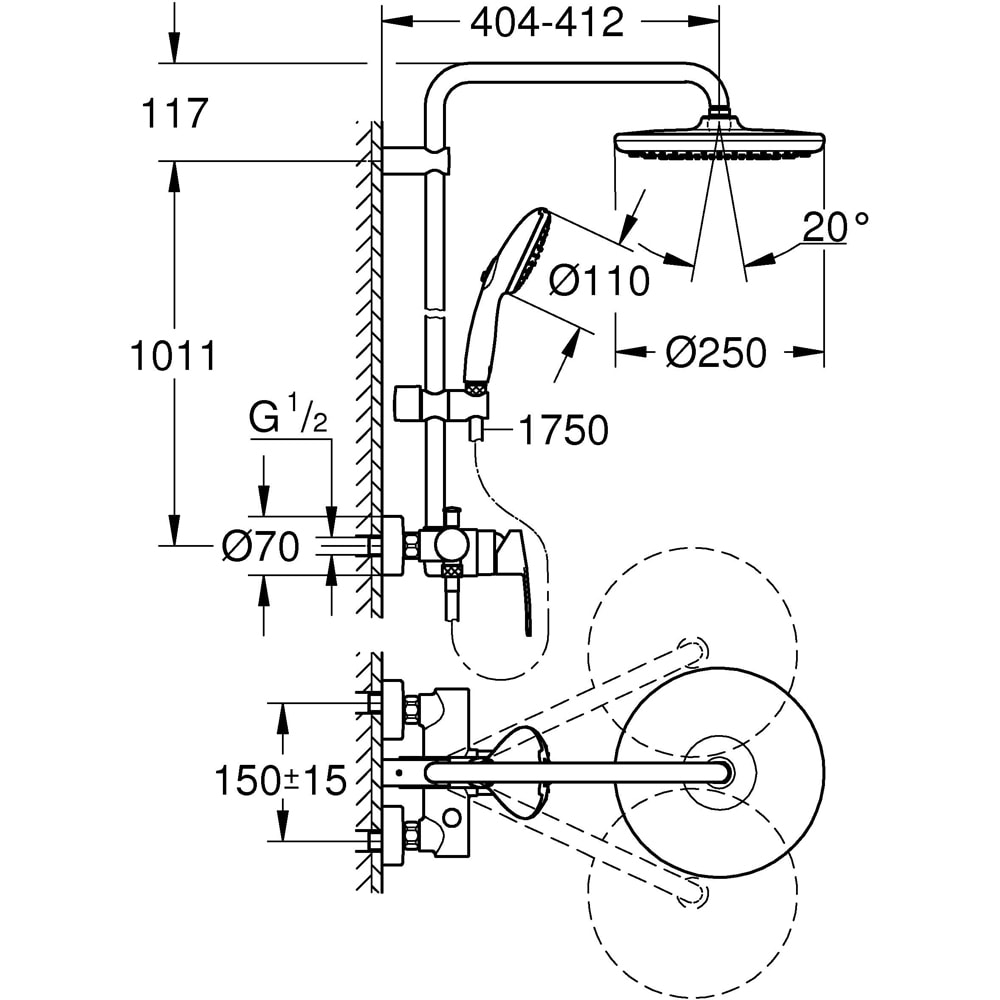 Sistem dus GROHE Tempesta 250 26673001, 1 functie, crom