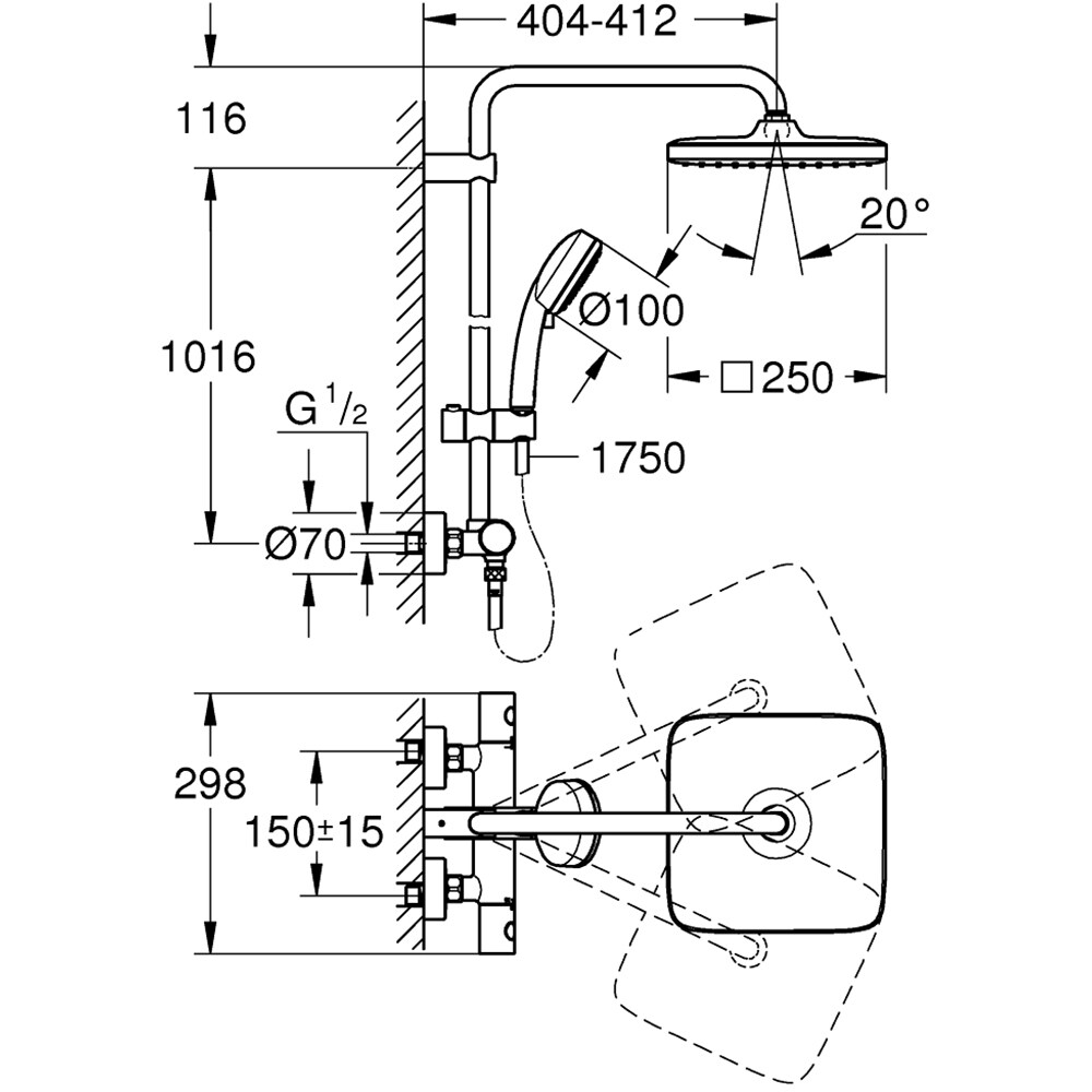 Sistem dus GROHE Cosmopolitan 250 26689000, termostat, 2 functii, argintiu