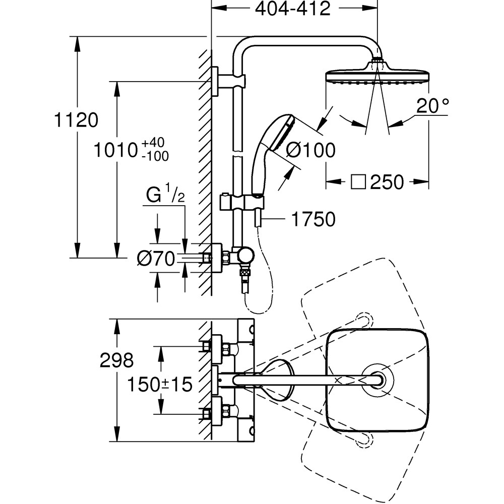 Sistem dus GROHE Vitalio Start 250 Cube 26697000, termostat, 1 functie, crom