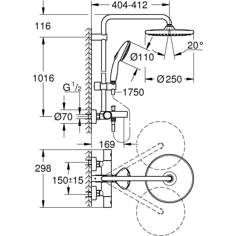 Sistem dus GROHE Tempesta 250 26978001, termostat, 1 functie, crom
