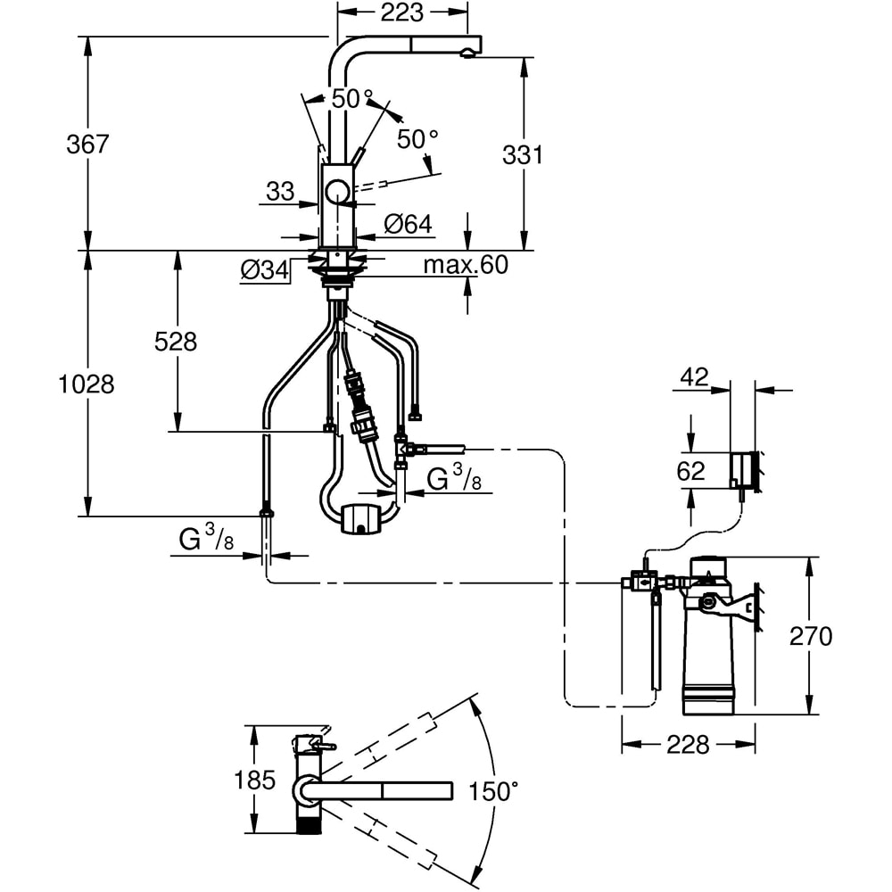 Baterie bucatarie GROHE Blue Pure Vento 30579KF0, alama sanitara, negru