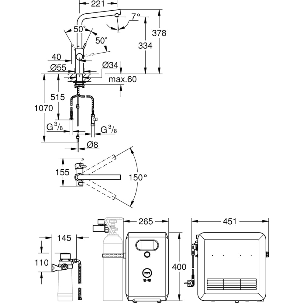 Baterie bucatarie GROHE Blue Professional 31347003, tip L, filtrare, racire, apa carbogazoasa, alama, argintiu
