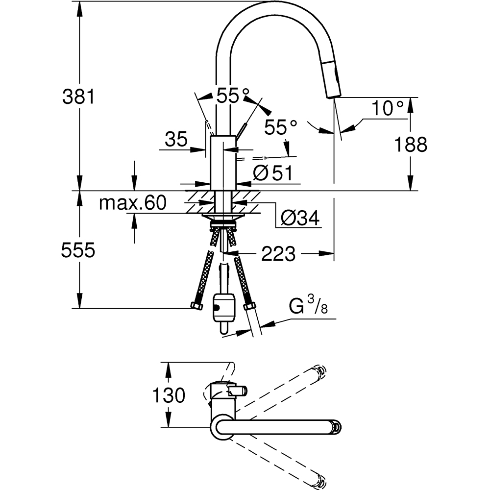 Baterie bucatarie GROHE Eurosmart Cosmopolitan 31481001, dus extractibil, alama, crom