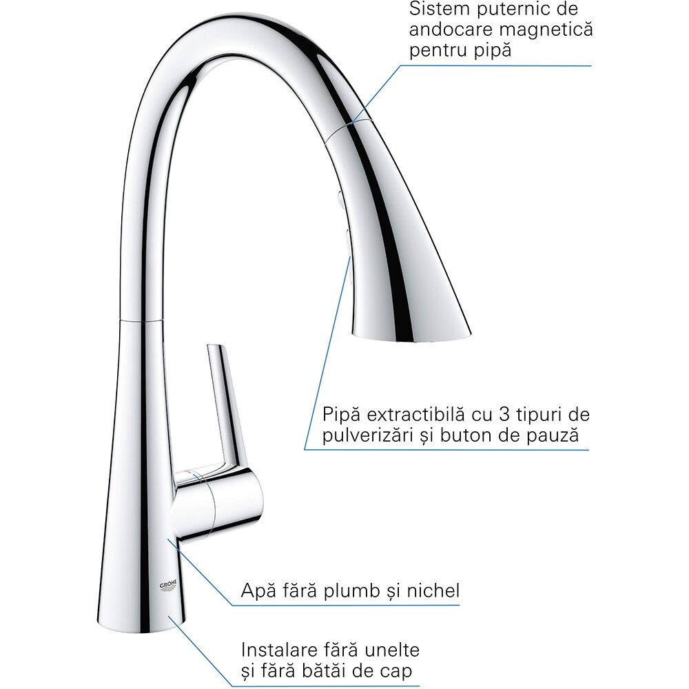 Baterie bucatarie GROHE Zedra 32294002, dus extractibil, alama, crom