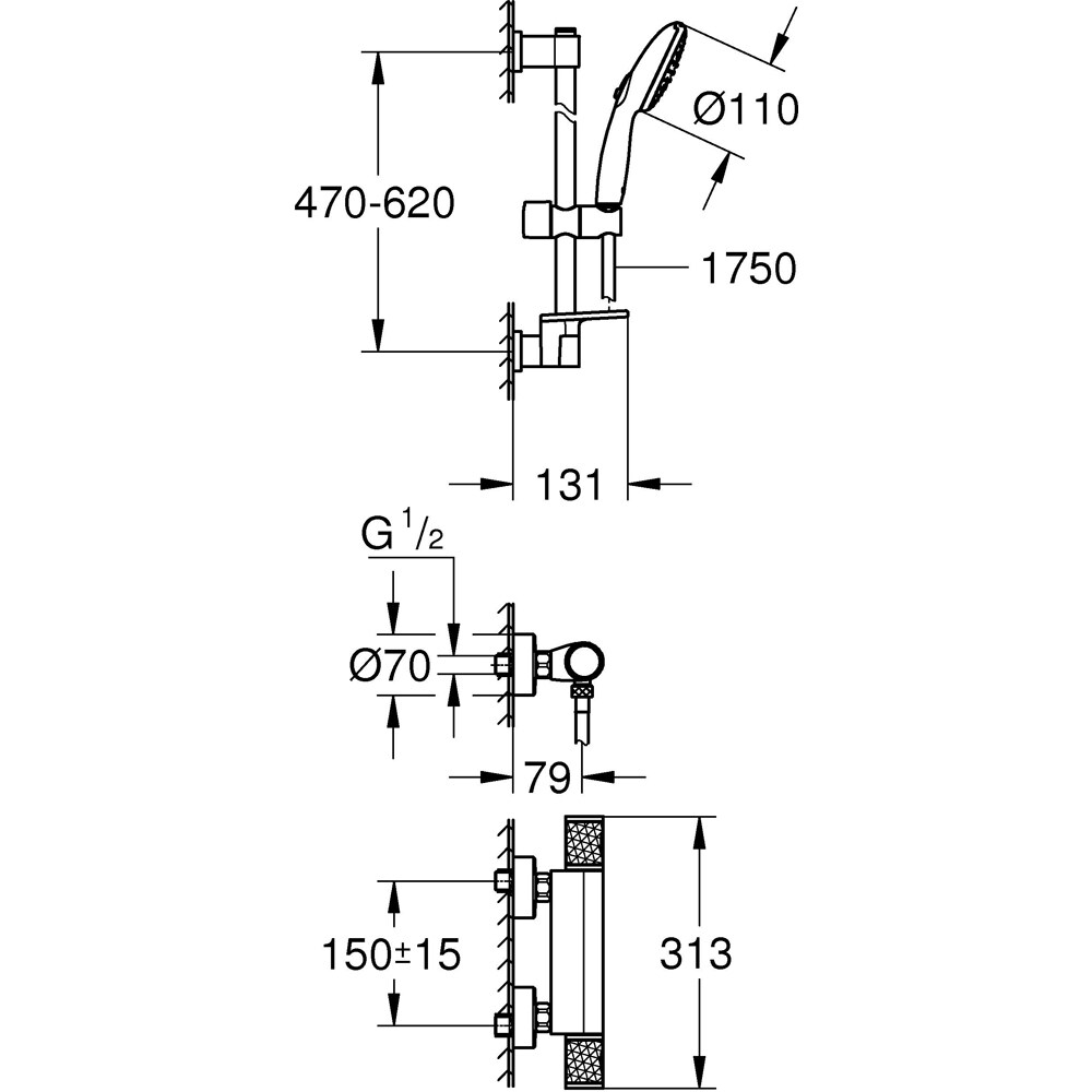 Set dus GROHE Precision Feel 34791001, termostat, 3 functii, crom