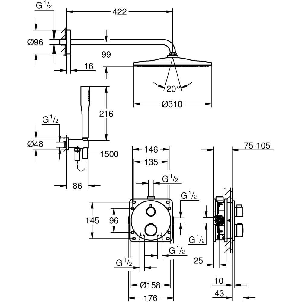 Sistem dus GROHE Grohtherm 310 34869000, termostat, 1 functie, crom