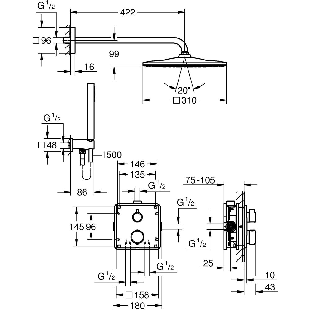 Sistem dus GROHE Precision Cube 310 34881000, termostat, 1 functie, crom