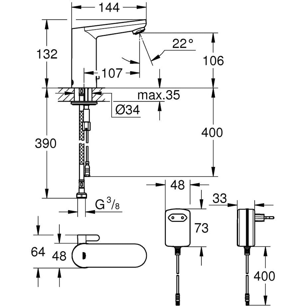 Baterie lavoar cu senzor infrarosu GROHE Eurosmart Cosmopolitan E 36325001, transformator priza, alama, argintiu