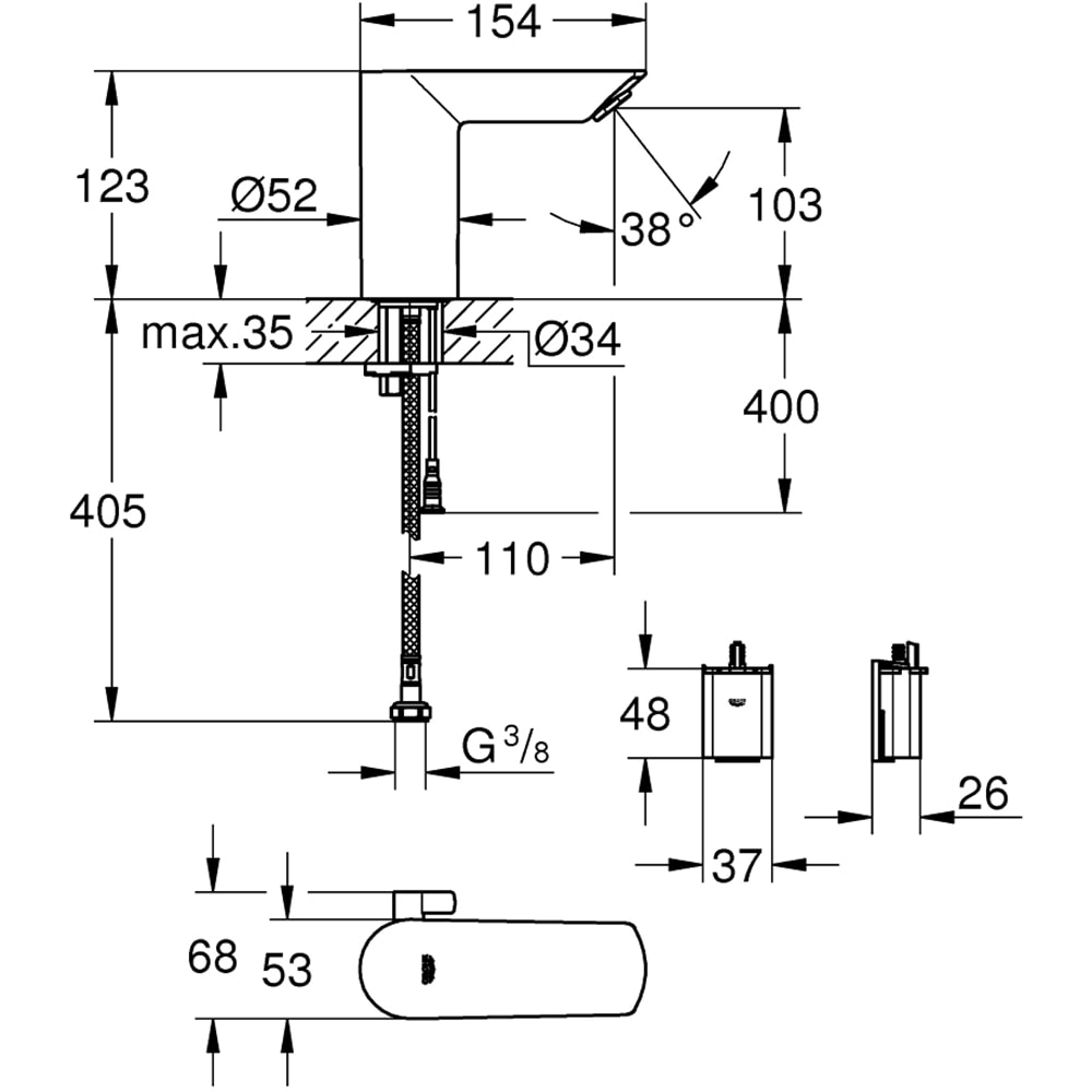Baterie lavoar cu senzor infrarosu GROHE Bau Cosmopolitan 36451000, baterie litiu 6V, metal, argintiu
