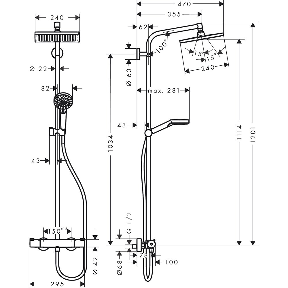 Sistem dus HANSGROHE Crometta E 240 27271000, termostat, 1 functie, crom