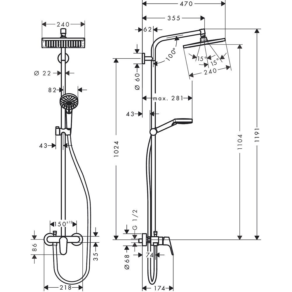 Sistem dus HANSGROHE Crometta E 240 27284000, termostat, 1 functie, crom