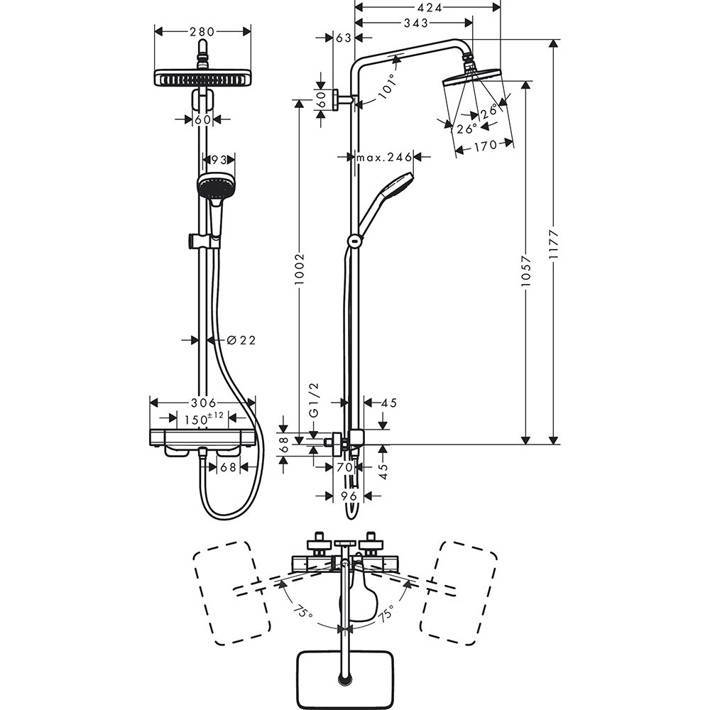 Sistem dus HANSGROHE Croma E 280 27630000, termostat, 2 functii, crom