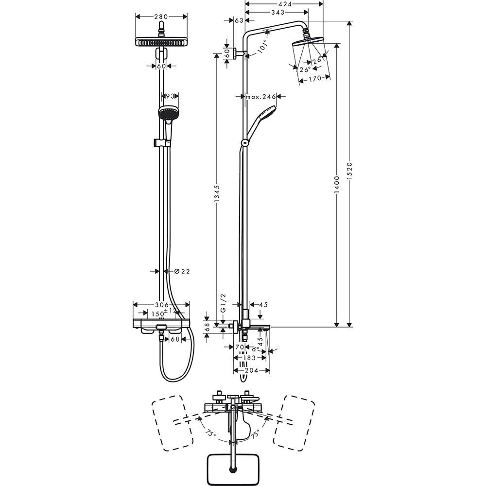 Sistem dus HANSGROHE Croma 280 27687000, termostat, 1 functie, crom