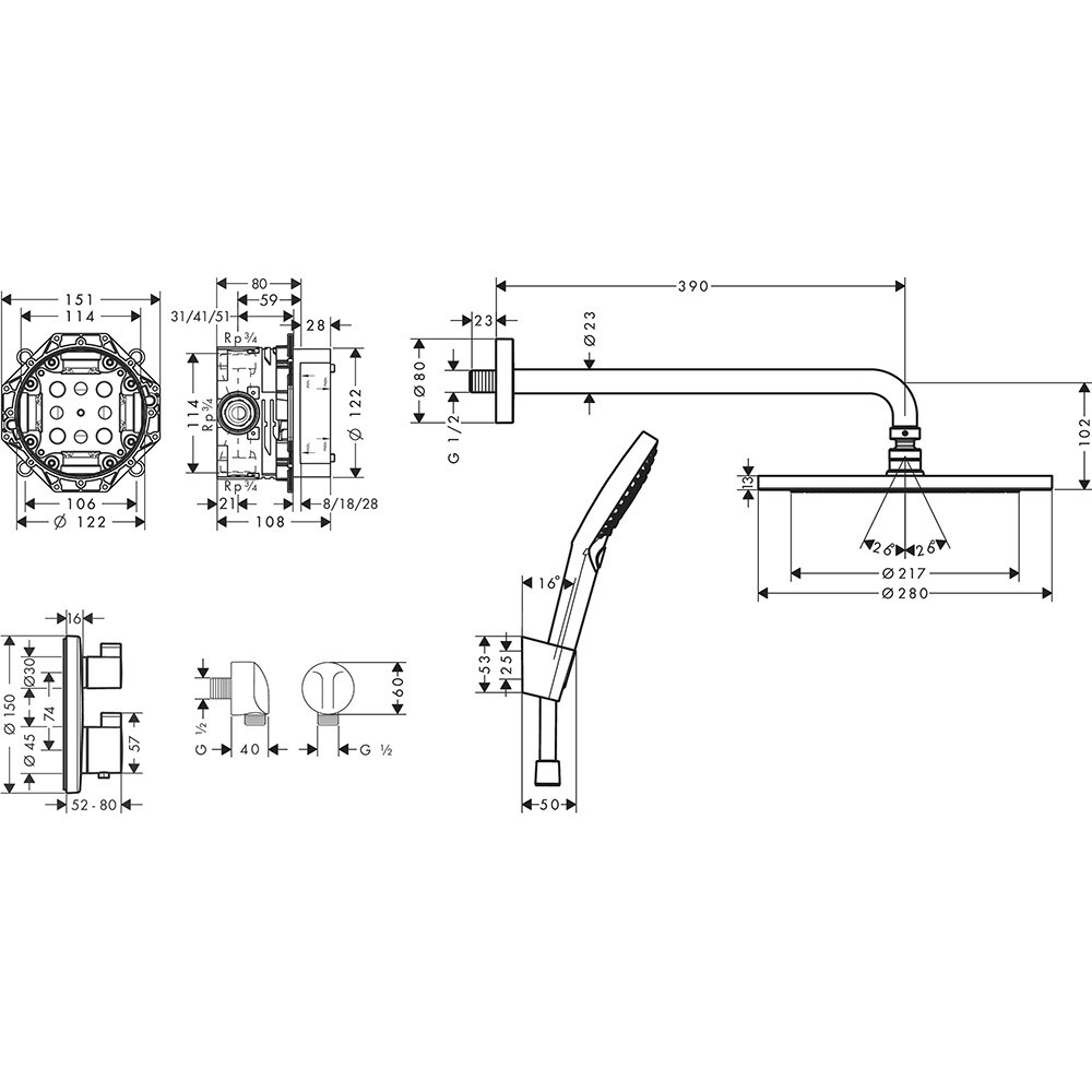 Sistem dus HANSGROHE Croma 280 27961670, 1 functie, negru