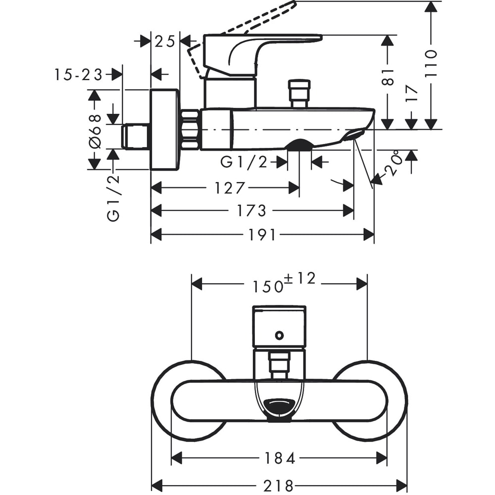 Baterie cada-dus HANSGROHE Rebris S 72440000, alama sanitara, crom