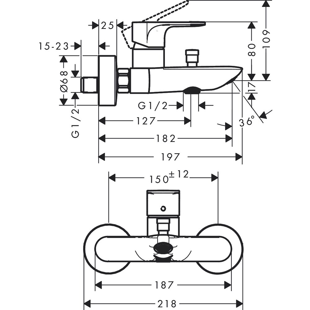 Baterie cada-dus HANSGROHE Rebris E 72450000, alama sanitara, crom