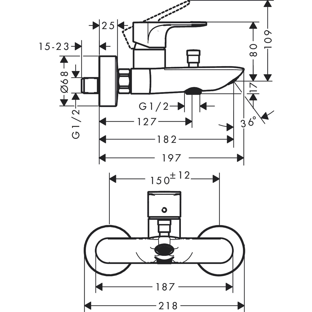 Baterie cada-dus HANSGROHE Rebris E 72450670, alama sanitara, negru