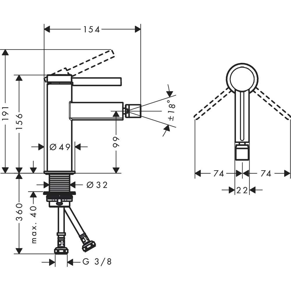 Baterie bideu HANSGROHE Finoris 76200000, alama sanitara, crom