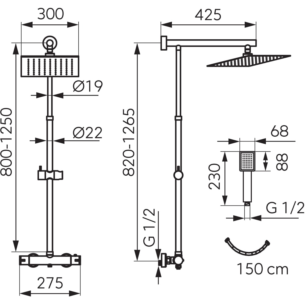 Sistem dus FERRO Trevi Square NP75SQ-TRV7U, termostat, 1 functie, argintiu