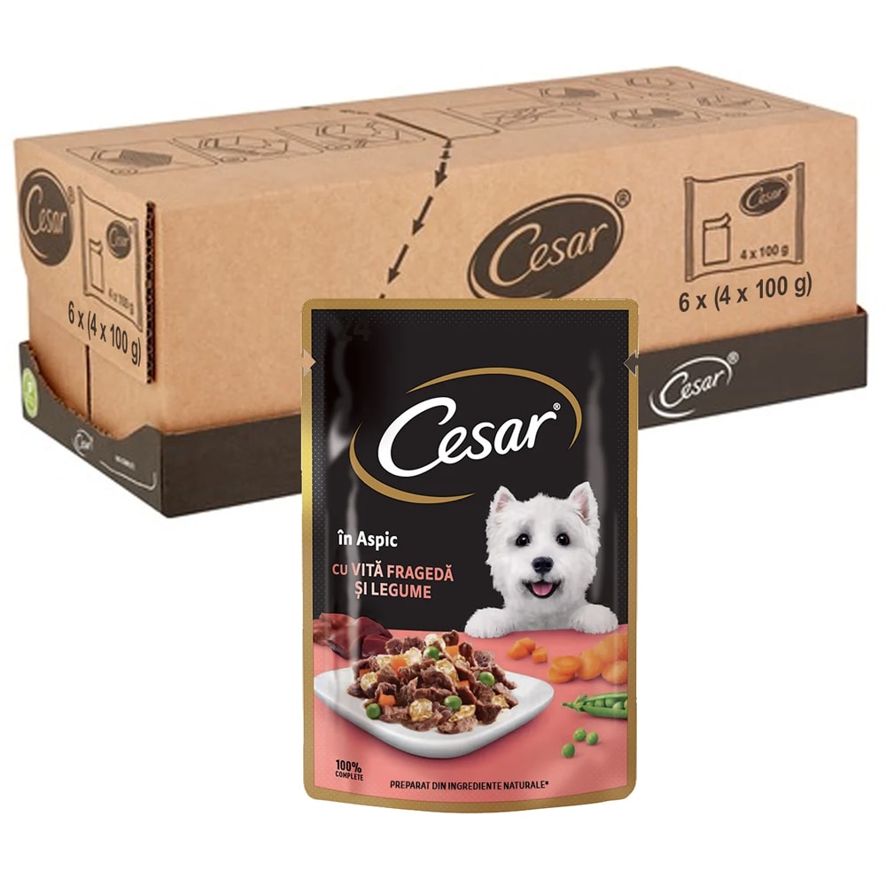 Hrana umeda pentru caini CESAR, Adult, Vita si legume in aspic, 24 x 100 g
