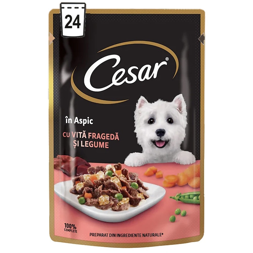 Hrana umeda pentru caini CESAR, Adult, Vita si legume in aspic, 24 x 100 g