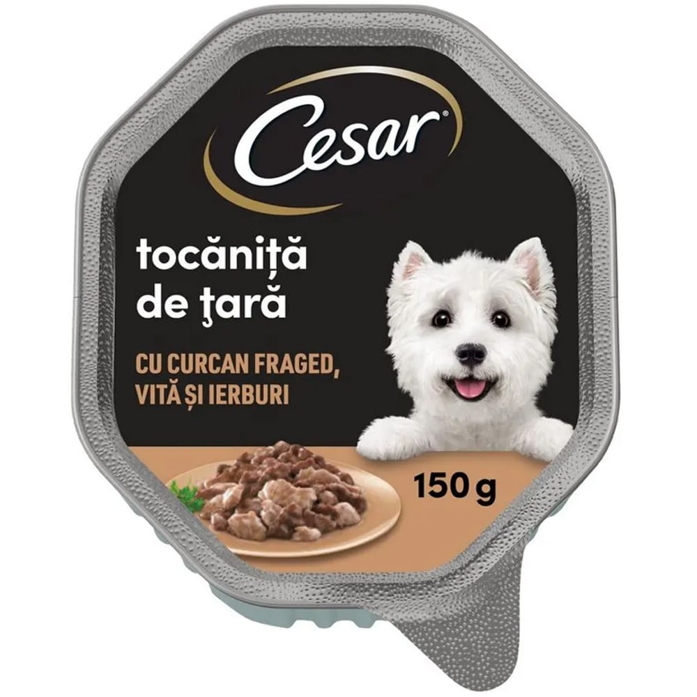 Hrana umeda pentru caini CESAR, Adult, Curcan si vita, 14 x 150 g