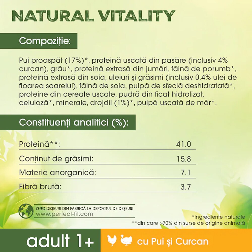 Hrana umeda pentru pisici PERFECT FIT Natural Vitality, Adult, Pui si curcan, 650 g