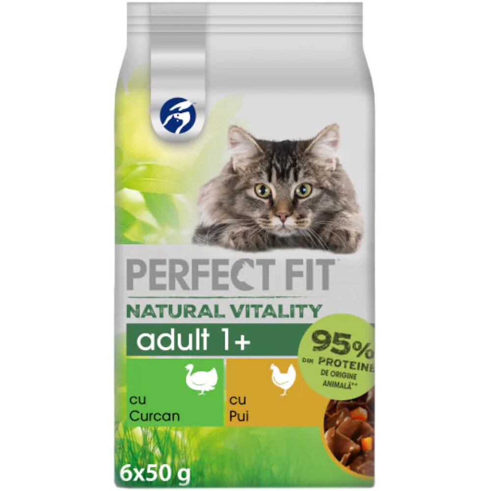 Hrana umeda pentru pisici PERFECT FIT Natural Vitality, Adult, Pui si curcan, 6 x 50 g