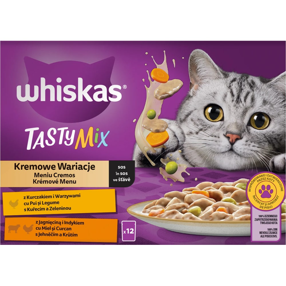 Hrana umeda pentru pisici WHISKAS Tasty Creamy Creations, Adult, Mix in sos, 12 x 85 g