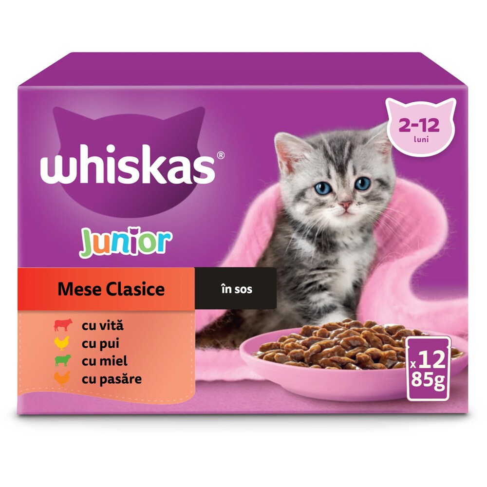 Hrana umeda pentru pisici WHISKAS Mese Clasice, Junior, Mix in sos, 12 x 85 g