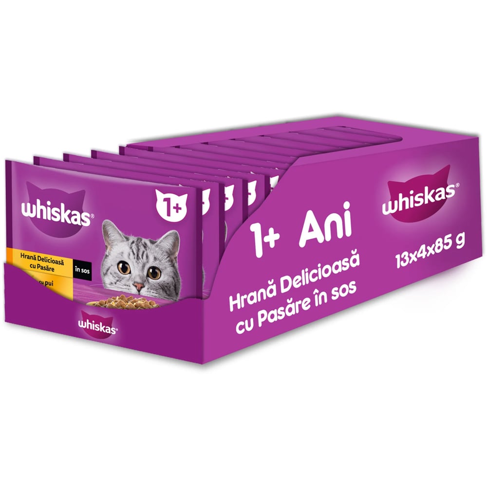 Hrana umeda pentru pisici WHISKAS, Adult, Pasare in sos, 13 x 4 x 85 g
