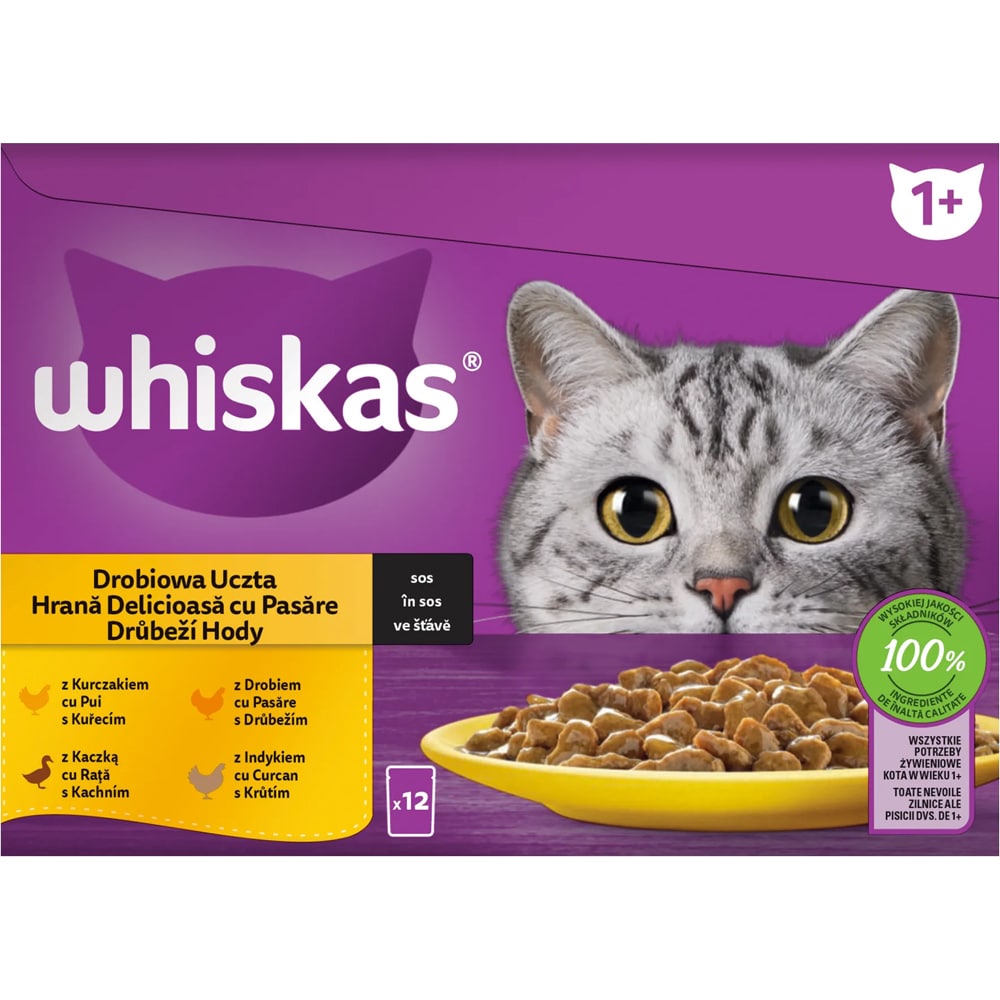 Hrana umeda pentru pisici WHISKAS, Adult, Pasare in sos, 12 x 85 g