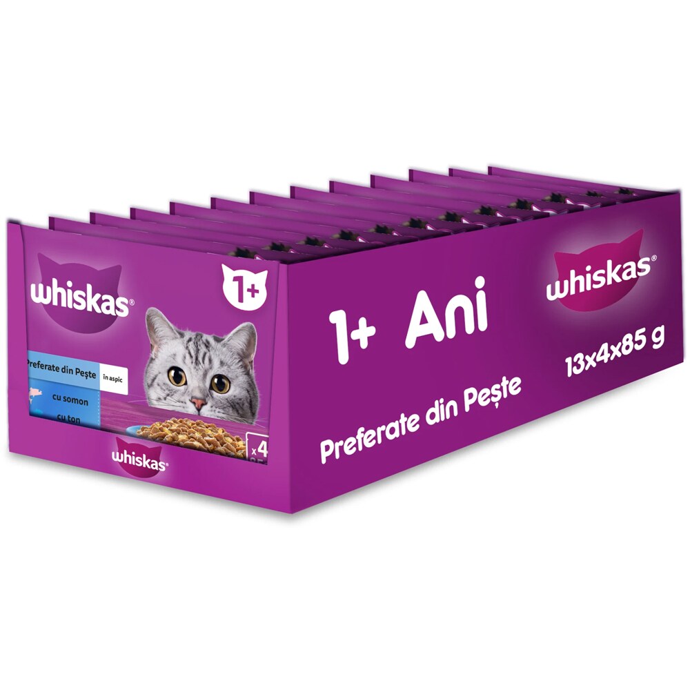 Hrana umeda pentru pisici WHISKAS, Adult, Peste in aspic, 13 x 4 x 85 g