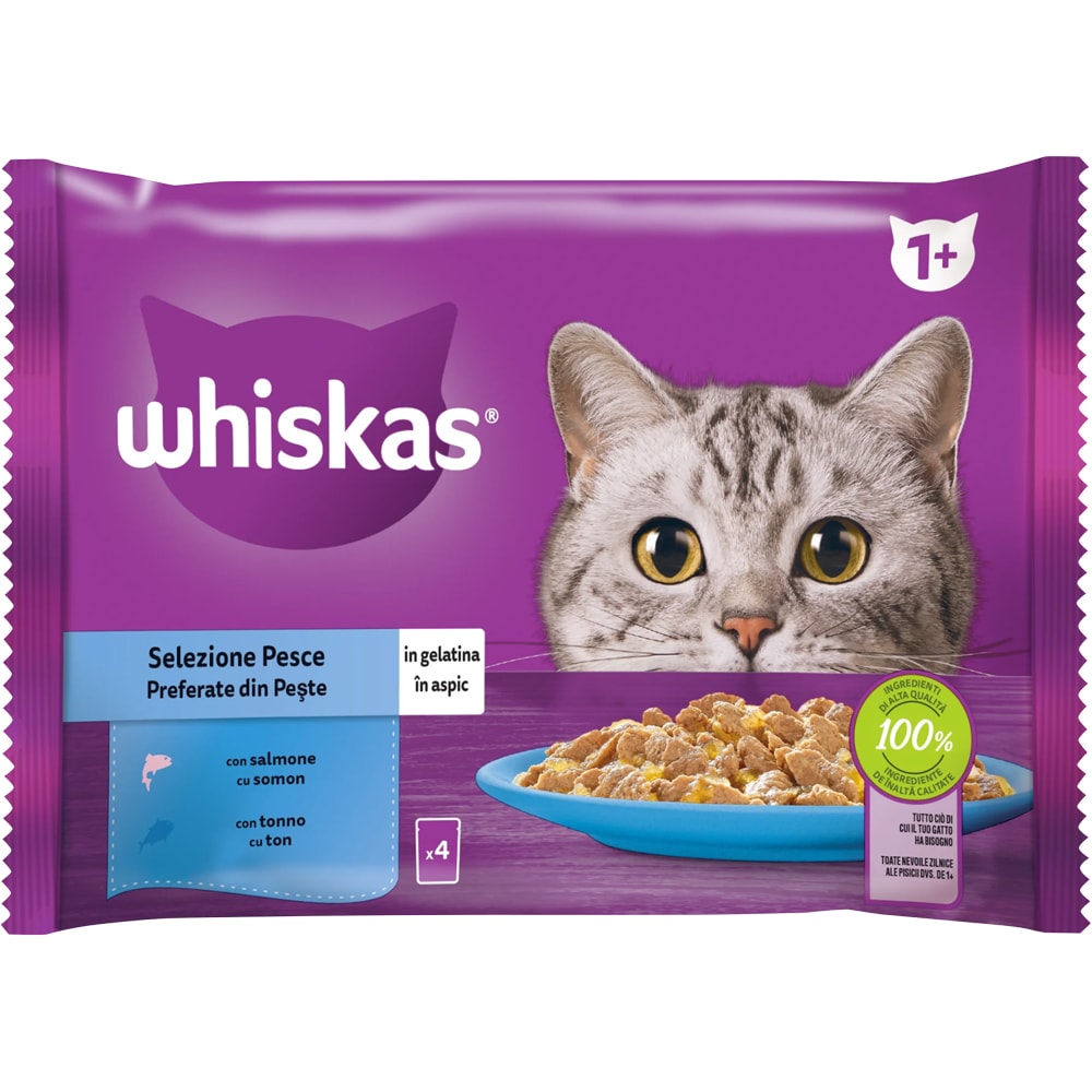 Hrana umeda pentru pisici WHISKAS, Adult, Peste in aspic, 13 x 4 x 85 g