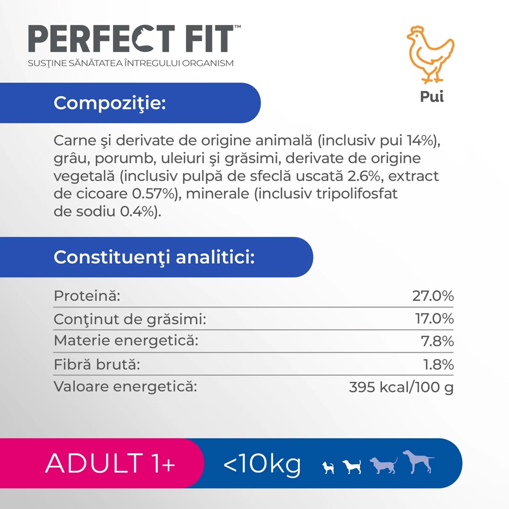 Hrana uscata pentru caini PERFECT FIT, Adult, Pui, 825 g
