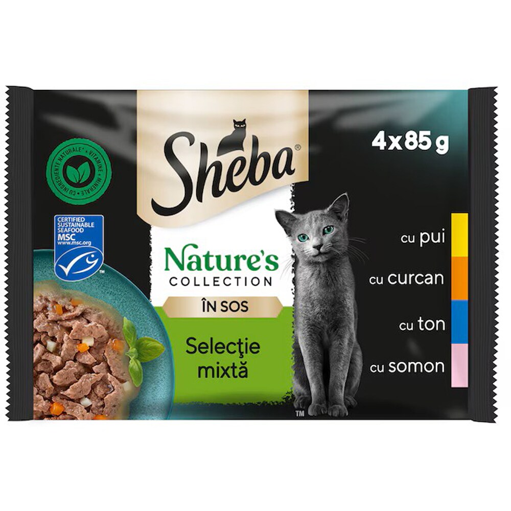 Hrana umeda pentru pisici SHEBA Nature's Collection, Adult, Mix in sos, 13 x 4 x 85 g
